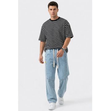 Pantaloni barbati -  Baggy din Denim - talie cu snur - albastru - 95% bumbac - 5% elastan -