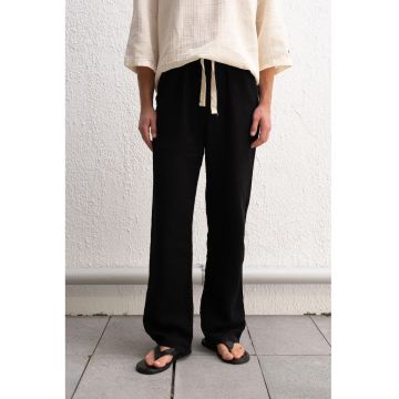 Pantaloni barbati -  picior larg - snur in talie - Negru - 100% bumbac -