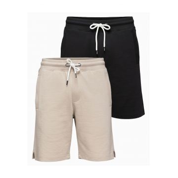 Pantaloni scurti barbati din bumbac - croi lejer - cu elastic si snur de ajustare - Negru/Bej deschis