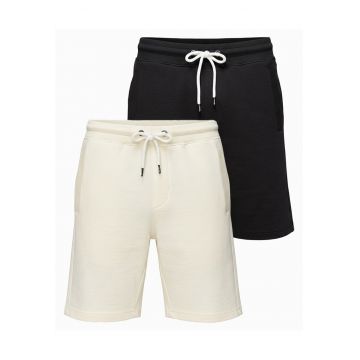 Pantaloni scurti barbati din bumbac - croi lejer - cu elastic si snur de ajustare - Negru/Crem