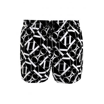 Pantaloni scurti de baie cu logo si snururi de ajustare - Alb/Negru