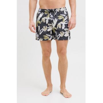Pantaloni scurti de baie cu model floral si talie ajustabila - Gri carbune/Alb murdar