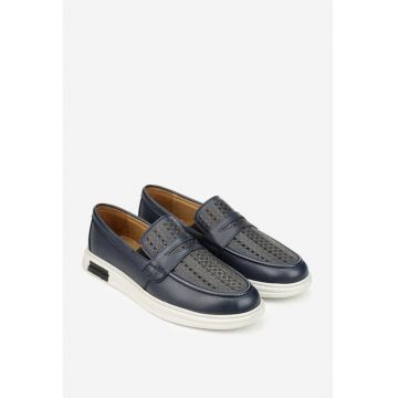 Pantofi barbati din piele naturala bleumarin cu perforatii