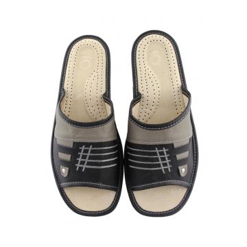 Papuci de casa pentru barbati -  Piele - Gri - Negru/Gri