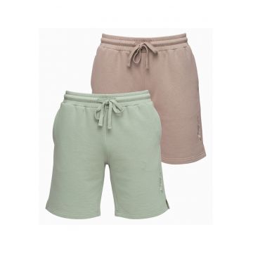 Set pantaloni scurti barbati 2 piese cu croi regulat si elastic ajustabil - dark beige - sage green -