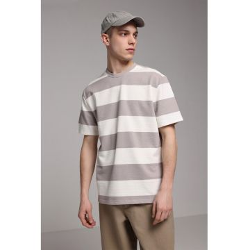 Tricou cu decolteu la baza gatului si dungi - Rosu stins/Alb optic