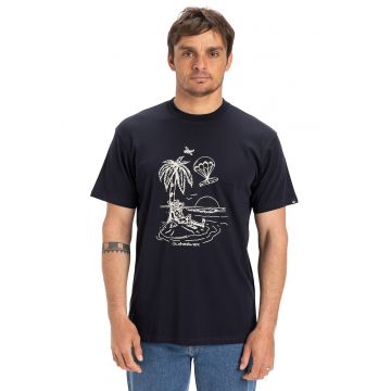 Tricou cu decolteu la baza gatului si imprimeu grafic - Albastru ultramarin/Alb murdar