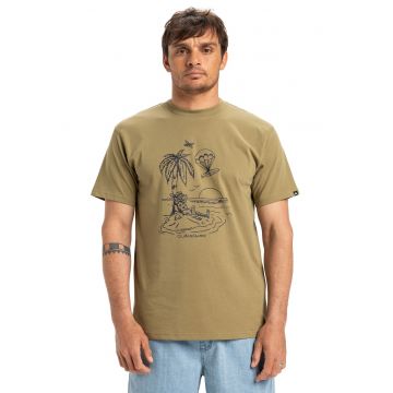 Tricou cu decolteu la baza gatului si imprimeu grafic - Negru stins/Kaki
