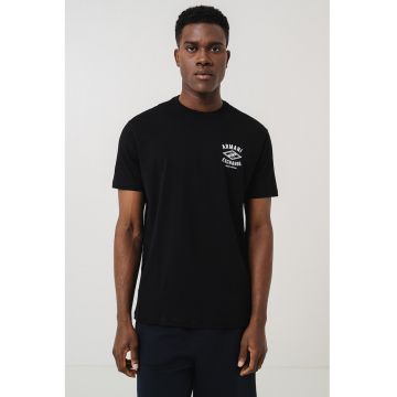 Tricou cu imprimeu logo si decolteu la baza gatului - Alb/Negru