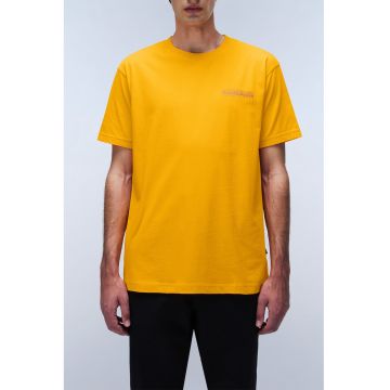 Tricou de bumbac cu logo si decolteu la baza gatului - Portocaliu