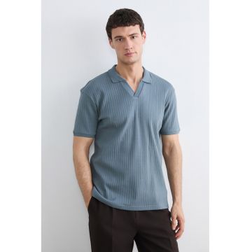 Tricou polo regular fit cu decupaj in V - Gri inchis