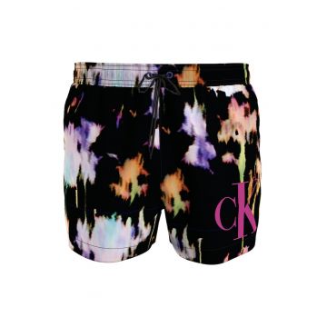 Pantaloni scurti de baie cu logo si snururi de ajustare - Negru/Portocaliu/Violet