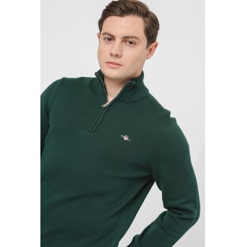 Pulover din bumbac cu fenta cu fermoar - Verde englez