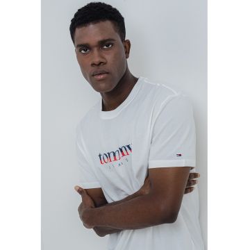 Tricou cu decolteu la baza gatului si imprimeu logo - Alb fildes