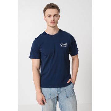 Tricou cu decolteu la baza gatului si logo pe piept - Alb optic/Bleumarin