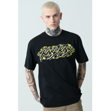 Tricou de bumbac cu model grafic - Negru/Verde lime