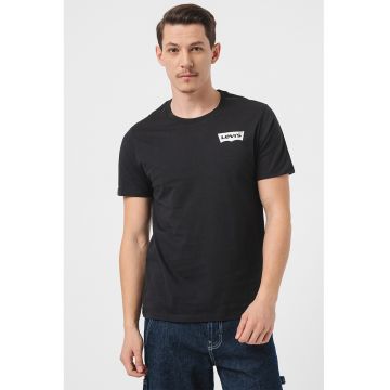 Tricou din bumbac cu decolteu la baza gatului si logo - Negru
