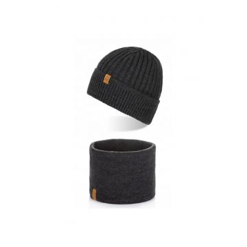 Set caciula cu fular Brodrene - Acril - Universal - Gri inchis