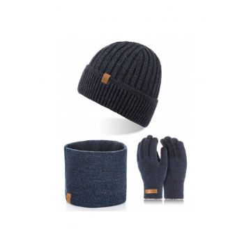 Set caciula cu manusi si fular Brodrene - Acril - Universal - Bleumarin