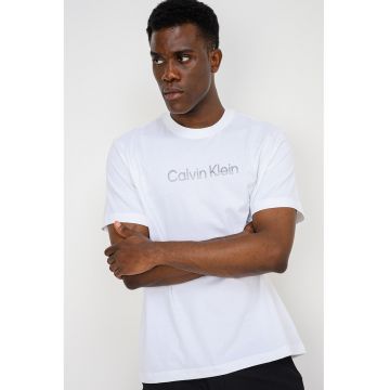 Tricou cu decolteu la baza gatului si imprimeu logo - Alb/Argintiu