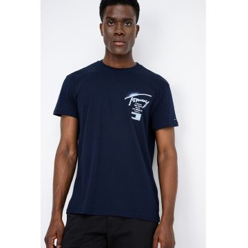Tricou de bumbac cu decolteu la baza gatului - Bleumarin
