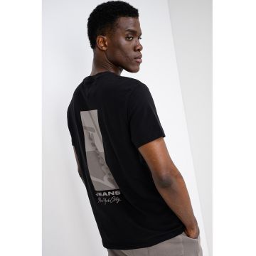 Tricou din bumbac cu decolteu la baza gatului si logo - Alb/Negru