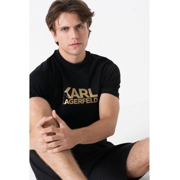 Tricou cu decolteu la baza gatului si imprimeu logo - Auriu/Negru