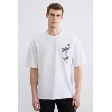 Tricou lejer de bumbac cu imprimeu - Gri carbune/Alb optic