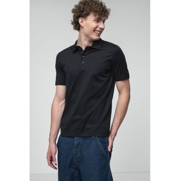 Tricou polo uni cu fenta cu nasturi - Negru