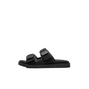 Papuci din piele cu talpa plata - Negru -