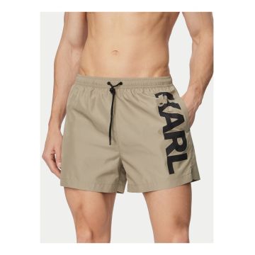 Pantaloni scurti de baie barbati -  bej/negru - poliester - croiala Regular Fit
