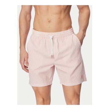 Pantaloni scurti de baie barbati -  dungi - alb/roz - poliester