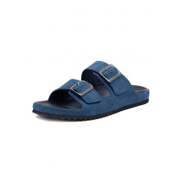 Papuci barbati  piele de caprioara - albastru - design minimalist -