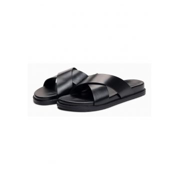 Slapi barbati din piele cu doua barete - confortabili si versatili OM-FOSF-0250 - Negru
