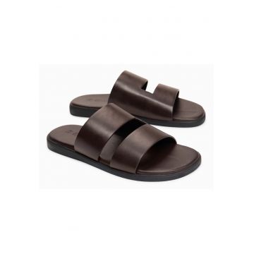 Slapi barbati din piele cu doua benzi late - confortabili si eleganti OM-FOSF-0248 - Maro