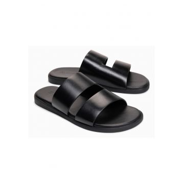 Slapi barbati din piele cu doua benzi late - confortabili si eleganti OM-FOSF-0248 - Negru