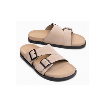 Slapi barbati din piele intoarsa cu doua barete ajustabile OM-FOSF-0249 - Bej