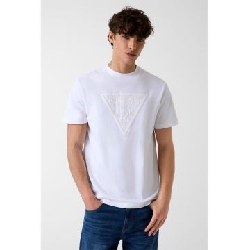 Tricou cu decolteu la baza gatului si logo - Portocaliu pal/Alb optic