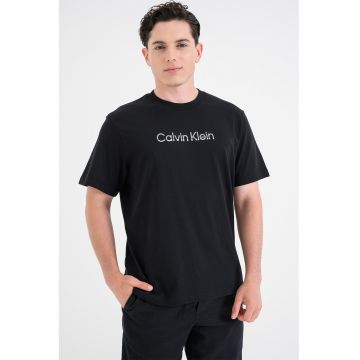 Tricou cu decolteu la baza gatului si imprimeu logo - Negru/Alb murdar