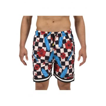 Pantaloni scurti de baie cu carouri si imprimeu tropical