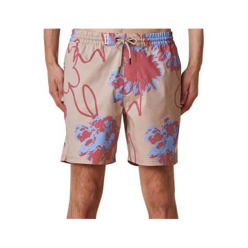 Pantaloni scurti de baie cu imprimeu floral abstract si snur in talie