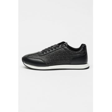 Pantofi sport din piele cu model monograma in relief - Negru
