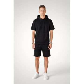 Set vara pentru barbati - Hoody maneca scurta si Pantaloni scurti - Bumbac premium - Negru