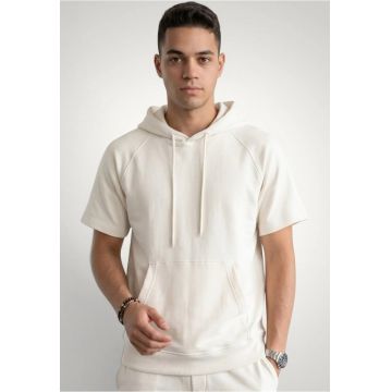 Tricou barbati cu gluga si buzunar central - Bumbac premium - Alb