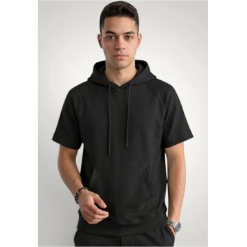 Tricou barbati cu gluga si buzunar central - Bumbac premium - Negru
