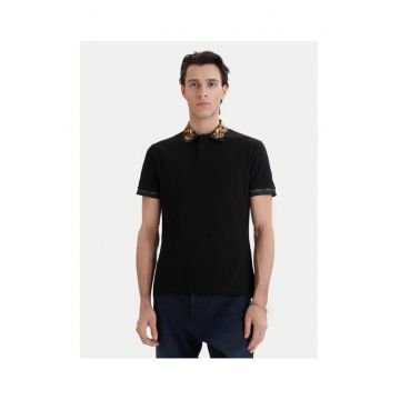 Tricou barbati -  cu guler - slim fit - negru - bumbac -