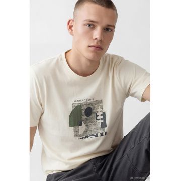 Tricou cu decolteu la baza gatului si imprimeu grafic - Alb murdar