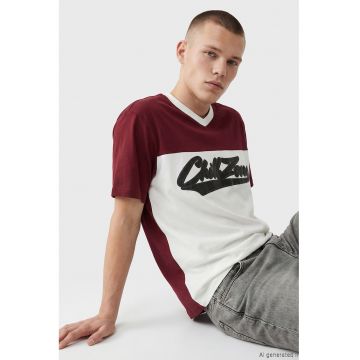 Tricou cu imprimeu si decolteu in V - Alb/Visiniu/Negru