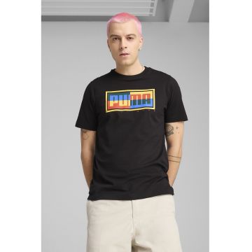 Tricou din amestec de bumbac cu decolteu la baza gatului - Negru/Galben sofran/Albastru deschis