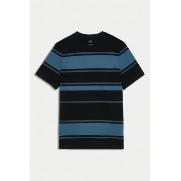 Tricou in dungi cu decolteu la baza gatului - Albastru petrol/Bleumarin